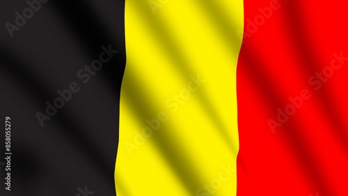 Wavy and flown national flag of the Kingdom of Belgium. Tricolor black, yellow, red vertical stripes flag.