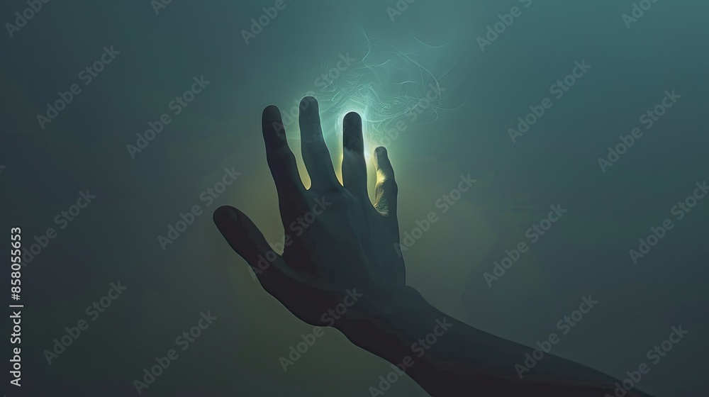 Eerie hand silhouette emanating a soft glow Eerie hand silhouette emanating a soft glow