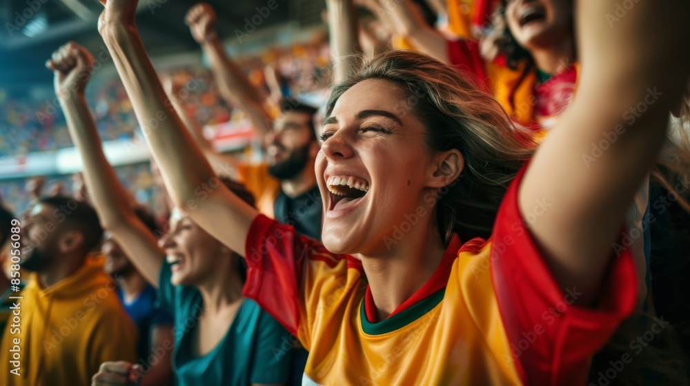 joyful Caucasian fans at a football stadium with their hands raised in the air celebrating the victory. football fans at a football stadium joyful Caucasian fans at a football stadium with their hands raised in the air celebrating the victory. football fans at a football stadium