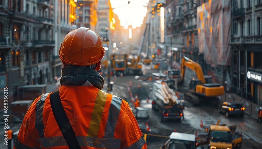 A construction supervisor in reflective gear stands overlooking a busy worksite with heavy machinery in operation, indicating progress and management A construction supervisor in reflective gear stands overlooking a busy worksite with heavy machinery in operation, indicating progress and management