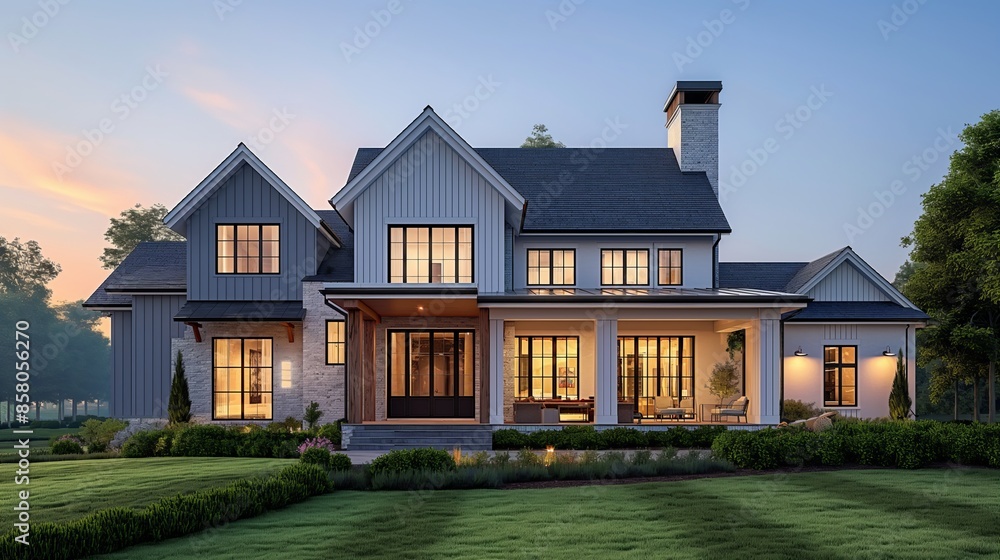 This elegant residence under a gentle dusk sky exudes a tranquil allure, surrounded by meticulously landscaped gardens This elegant residence under a gentle dusk sky exudes a tranquil allure, surrounded by meticulously landscaped gardens