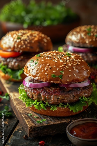 A Juicy classic beef burgers with lettuce, tomato, and onion on a rustic wooden table, epitomizing the perfect BBQ feast