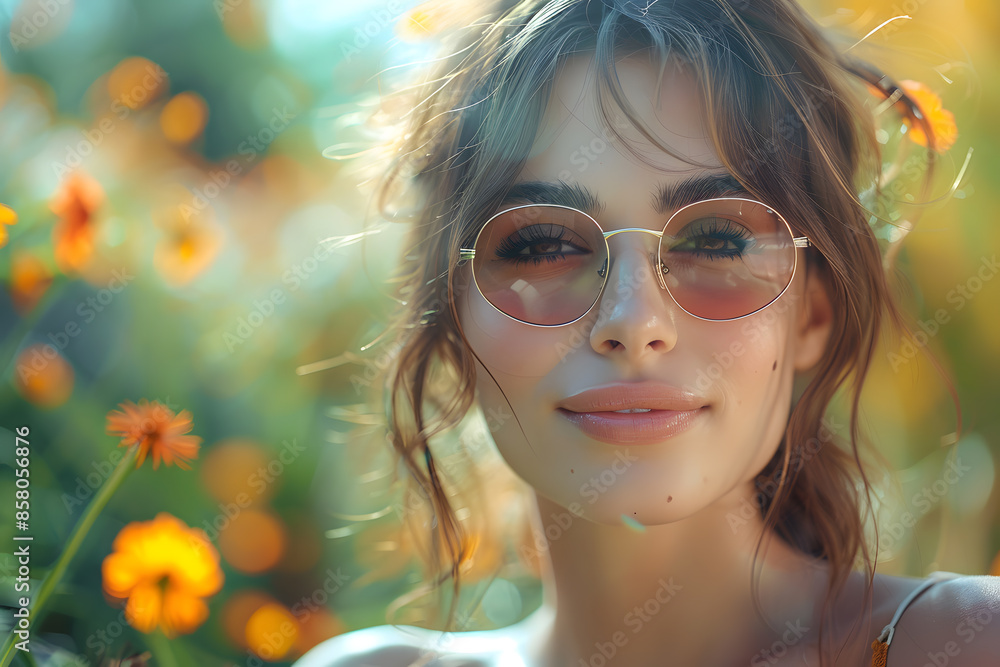 Portrait of a happy young woman relaxing on a wooden deck chair at a tropical beach while looking at the camera wearing spectacles. Portrait of a happy young woman relaxing on a wooden deck chair at a tropical beach while looking at the camera wearing spectacles.