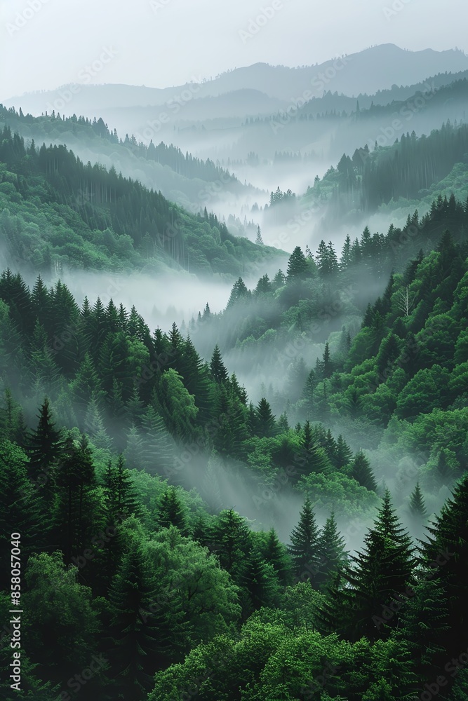 custom made wallpaper toronto digitalA serene misty green landscape presenting layered hills covered in dense forest under a soft sky, exuding peace and tranquility