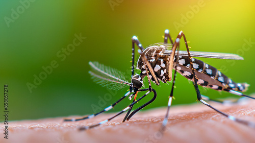 Closeup photo of a tiger mosquito with its thin legs and long wings visible while resting on skin.