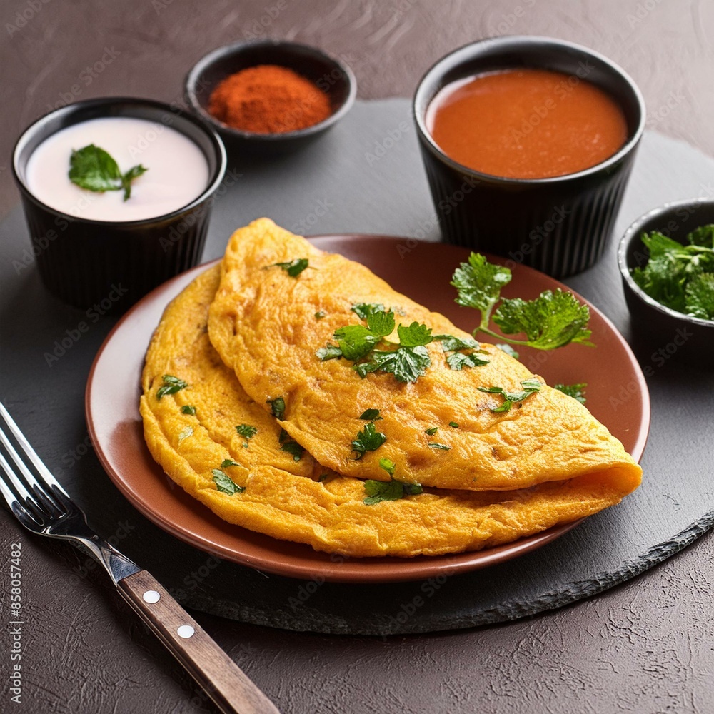 Indian spiced food egg masala omelet with red sauce Indian spiced food egg masala omelet with red sauce