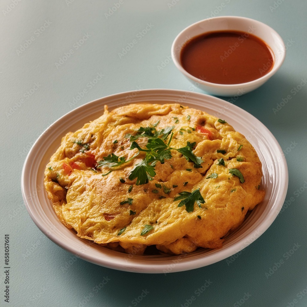 Indian spiced food egg masala omelet with red sauce Indian spiced food egg masala omelet with red sauce
