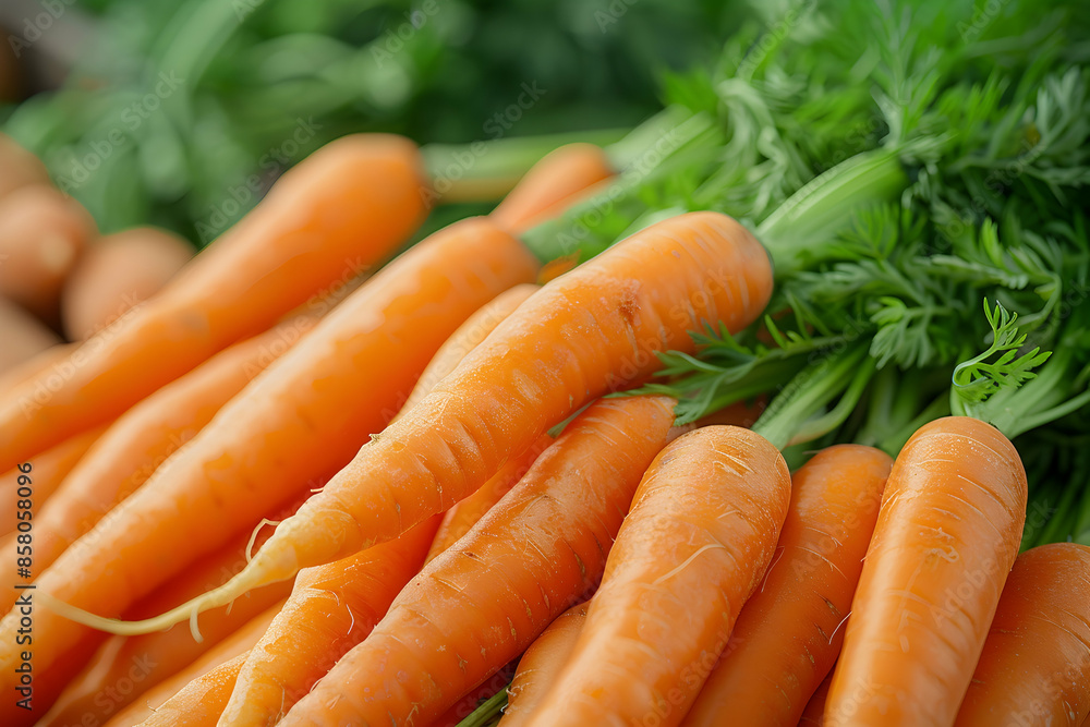 Close-up of fresh, vibrant carrots with green tops at a farmers market, showcasing their orange color and organic freshness. Close-up of fresh, vibrant carrots with green tops at a farmers market, showcasing their orange color and organic freshness.