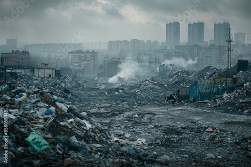 A vast city garbage dump sprawls with towering mountains of waste, a stark reminder of consumption and environmental impact in urban settings photo