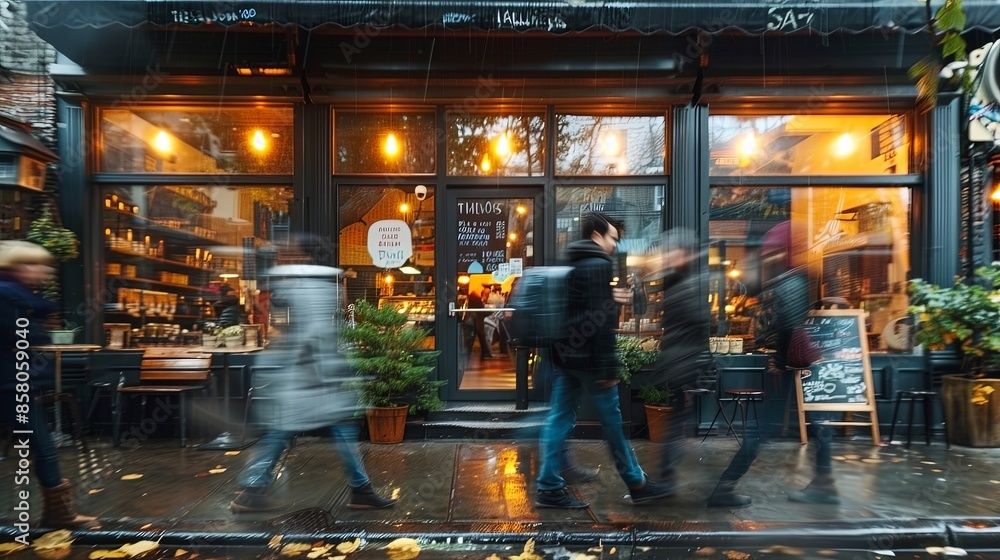 An urban café captured with a motion blur effect on passing pedestrians, highlighting the inviting ambiance inside with warm lights, bookshelves, and cozy seating arrangements. An urban café captured with a motion blur effect on passing pedestrians, highlighting the inviting ambiance inside with warm lights, bookshelves, and cozy seating arrangements.