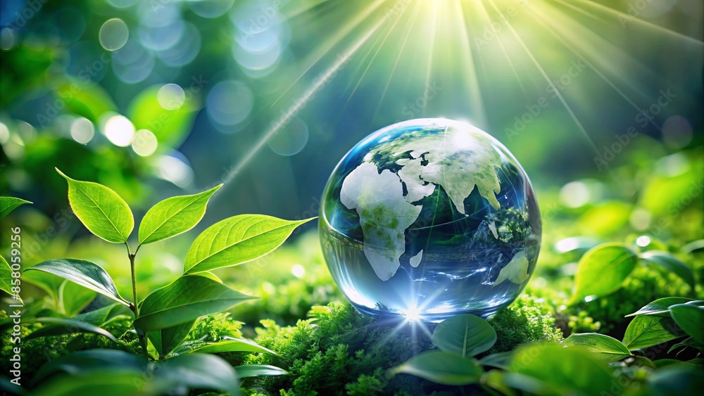 A serene globe surrounded by lush green leaves and a water droplet, symbolizing the harmony between environmental conservation and water preservation for a sustainable future. A serene globe surrounded by lush green leaves and a water droplet, symbolizing the harmony between environmental conservation and water preservation for a sustainable future.