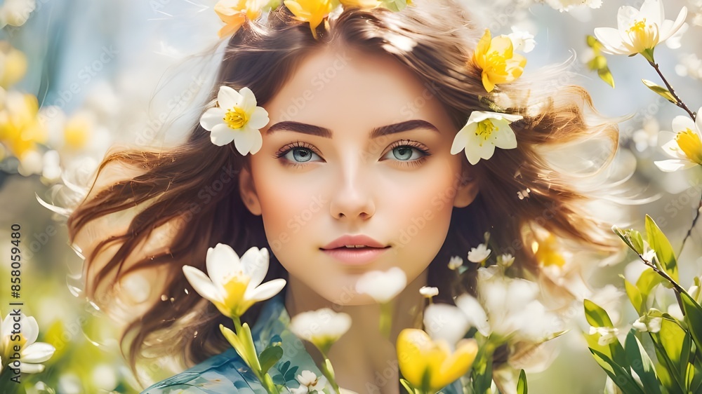 Floral portrait of a young woman in spring, natural lifestyle, double exposure photo Floral portrait of a young woman in spring, natural lifestyle, double exposure photo