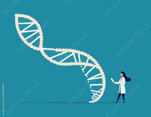 Tiny Female Character Carry Huge Human Dna Spiral Model. Doctor Conduct Laboratory Genetics Research Medicine Testing