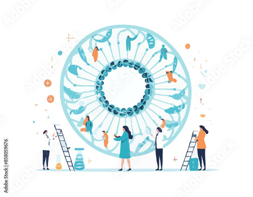 Tiny Female Character Carry Huge Human Dna Spiral Model. Doctor Conduct Laboratory Genetics Research Medicine Testing