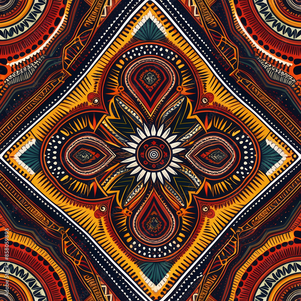 Seamless pattern of colorful shapes with broad brush strokes, featuring vibrant African ornaments. Ideal for textiles, decor, and cultural designs Seamless pattern of colorful shapes with broad brush strokes, featuring vibrant African ornaments. Ideal for textiles, decor, and cultural designs