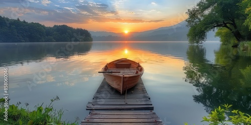 Sunrise Serenity: A Wooden Boat on a Calm Lake