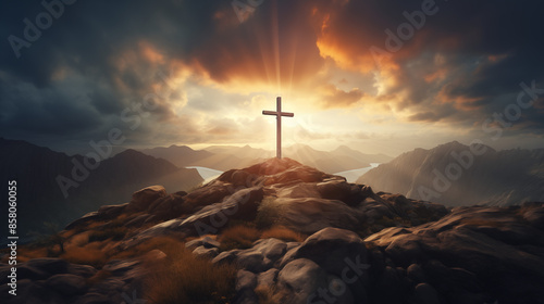 Cross on Mountain Overlooking Valley photo