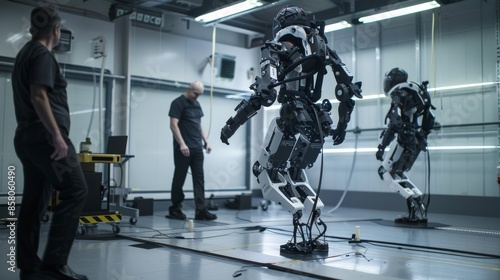 futuristic exoskeleton suit being tested in a research facility, augmenting human strength and mobility for various applications, from military to medical © FarncOmb