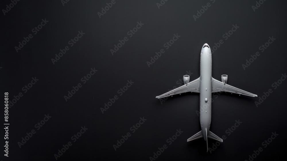 Fototapeta premium Airplane model on black background with copy space representing travel and vacation theme