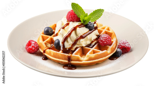 Wallpaper Mural Plate of Belgian Waffles with Ice Cream and Caramel Sauce on Transparent Background, Close-up Shot of Delicious Dessert, Perfect for Gourmet Food Concepts Torontodigital.ca