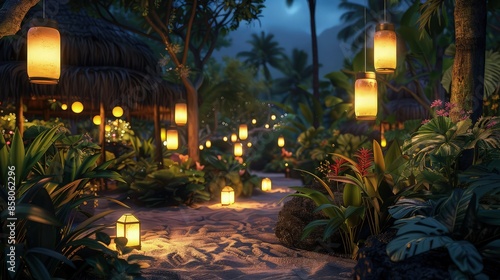 A tropical resort night scene, with softly glowing lanterns illuminating paths through the lush gardens, creating a warm, inviting atmosphere. © Sundas