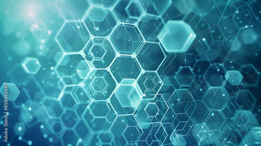 Medical illustration style, light, thin, transparent hexagonal shield coming together from Medical illustration style, light, thin, transparent hexagonal shield coming together from