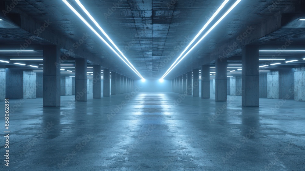 A long empty room with blue lights on the ceiling A long empty room with blue lights on the ceiling
