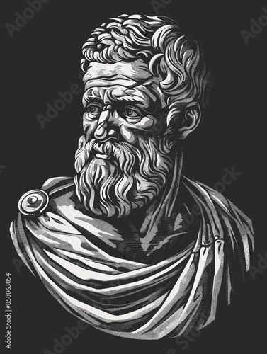 A man with a beard and a beard is depicted in a black and white drawing. The man is wearing a robe and a cape