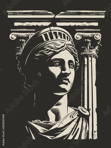 Statue of Liberty on the background of ancient columns. Vector illustration