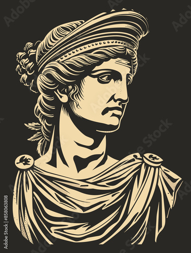 A woman with a crown on her head. She is wearing a long dress and a robe. She has a serious expression on her face