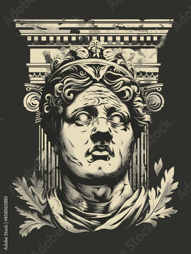Antique bust of Alexander the Great on black background. Vector illustration.