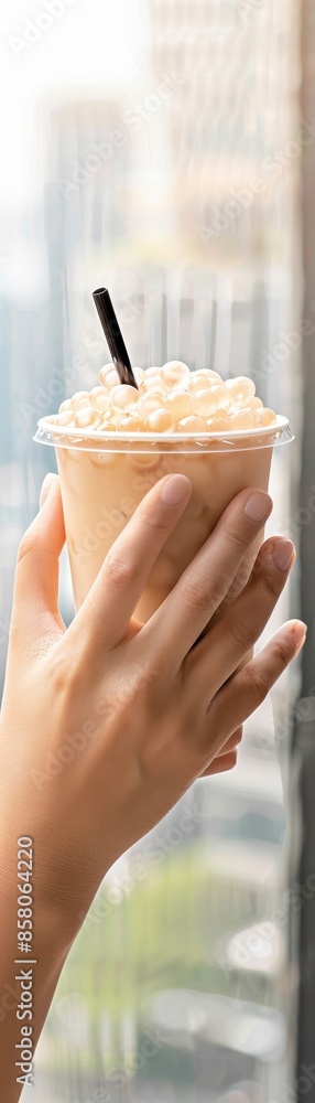Fototapeta premium Close-up of hands holding a bubble tea cup with a cityscape background, bubble tea, urban lifestyle