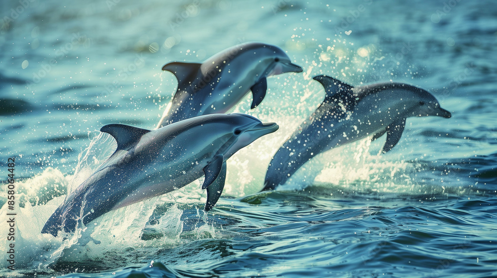 Obraz premium Three beautiful dolphins jumped out of the sea