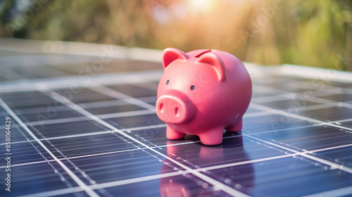 A piggy bank money box on a solar energy panel. Solar energy money saving. Symbolizing savings and investment in renewable energy