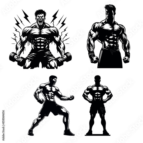 Gym Fitness Muscle man bodybuilder vector silhouette EPS10 Bundle file, Generative Ai