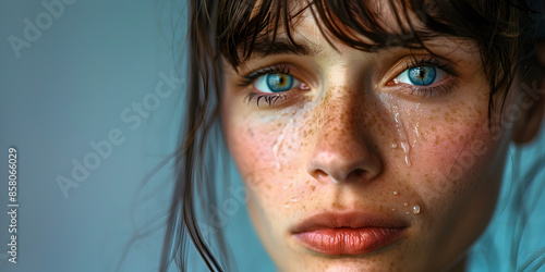 A woman with wet, tear-streaked cheeks.
