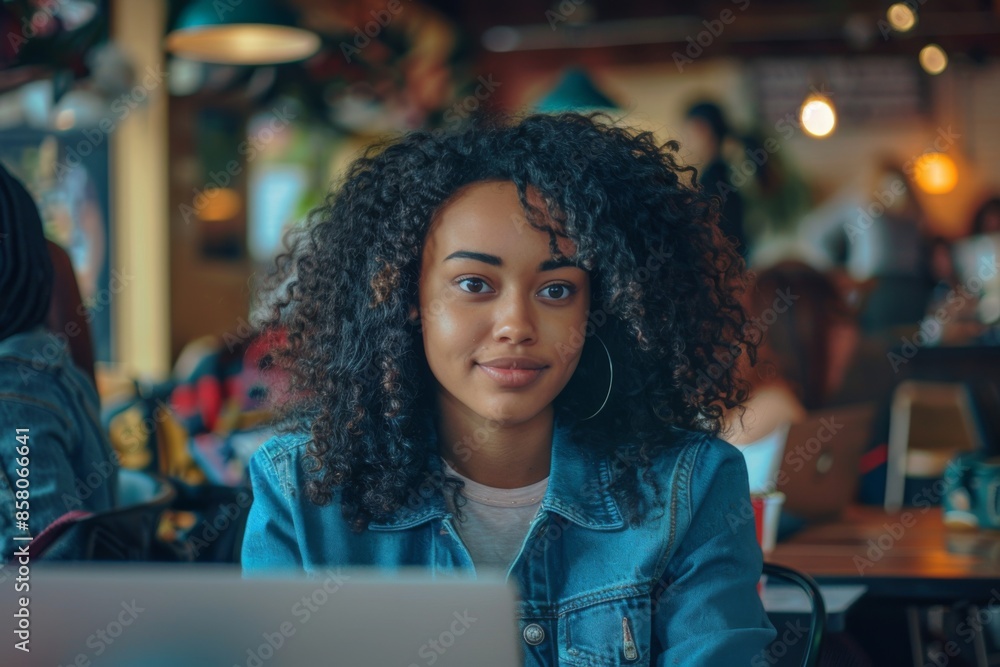 African-American Young Woman Working on Laptop at Cozy Café African-American Young Woman Working on Laptop at Cozy Café