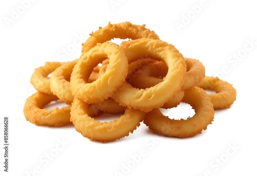 A pile of golden brown fried onion rings, crispy and appetizing
