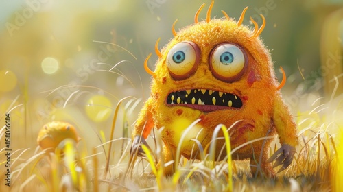 Little monster character adorable on nature background. AI generated
