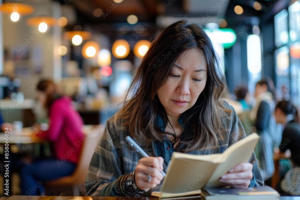 Obraz premium Asian Woman Concentrating on Journal Writing in Busy Cafe