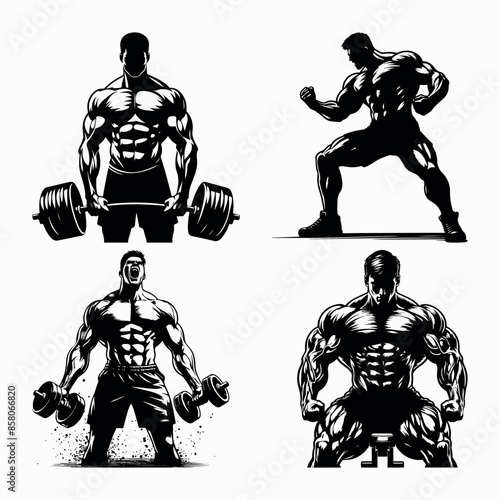 Gym Fitness Muscle man bodybuilder vector silhouette EPS10 Bundle file, Generative Ai