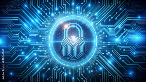Modern futuristic digital banner with glowing fingerprint, secure lock, and swirling circuits, representing advanced online security and protected financial transactions in cyberspace. photo