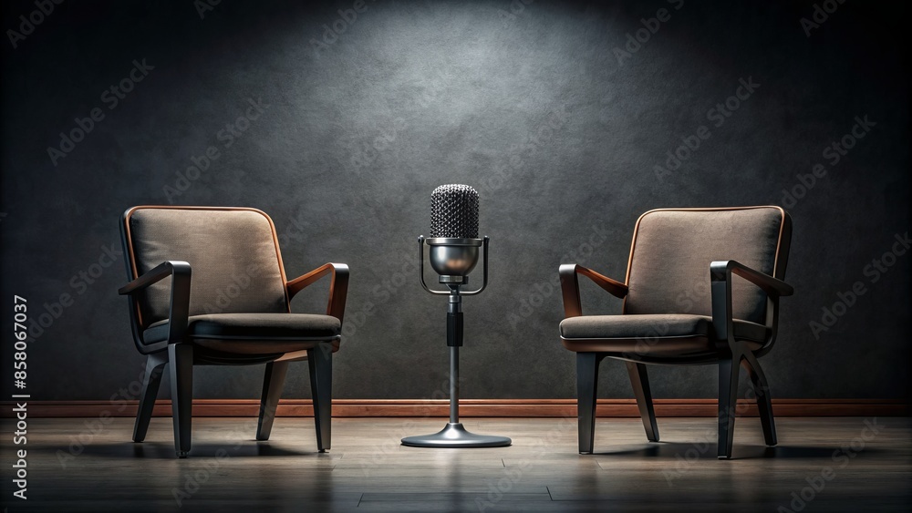 Two empty chairs positioned in front of microphones on a dark background, representing a podcast or interview setting, with ample negative space for text overlay. Two empty chairs positioned in front of microphones on a dark background, representing a podcast or interview setting, with ample negative space for text overlay.