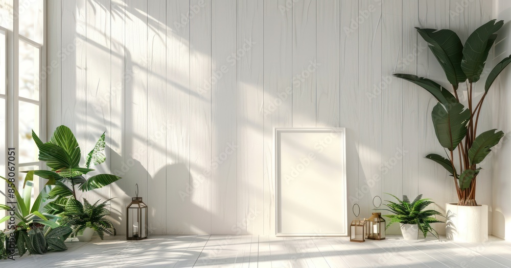 white wooden wall with plants and lanterns, white frame mock up on the right side, bright sunny light, white wooden wall with plants and lanterns, white frame mock up on the right side, bright sunny light,