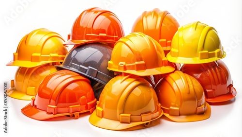 Assorted hard hats in various bright orange and yellow shades, different styles and designs, isolated on white, for construction site safety and industrial use. photo