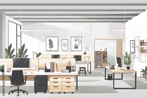 Modern and Minimalist Office Workspace with Desk Computer and Decor Elements © Humoresque