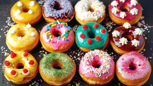 Donuts. Assorted donuts. Colorful donuts with different flavored cream and sprinkles. Various Colorful glazed donuts. Copy space. Beauty assorted donuts.