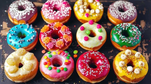Donuts. Assorted donuts. Colorful donuts with different flavored cream and sprinkles. Various  Colorful glazed donuts. Copy space. Beauty assorted donuts. © John Martin