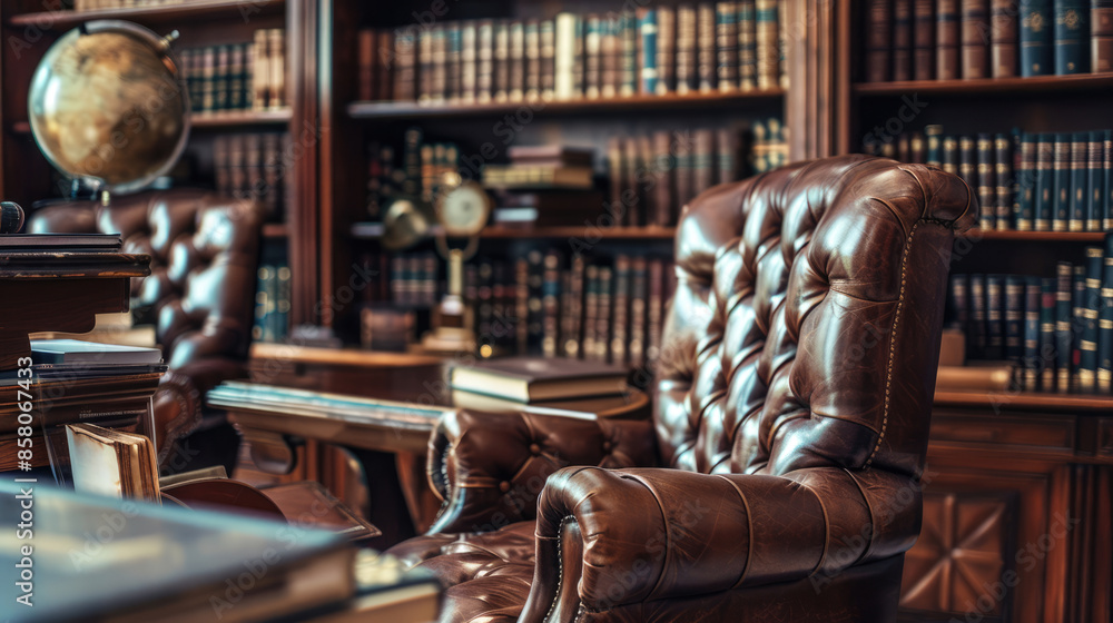 Luxurious office with leather chairs and many books on the shelves Luxurious office with leather chairs and many books on the shelves