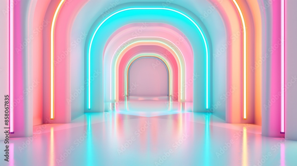 Futuristic neon lit tunnel with vibrant colors. Abstract corridor design illuminated by neon lights. Futuristic neon lit tunnel with vibrant colors. Abstract corridor design illuminated by neon lights.